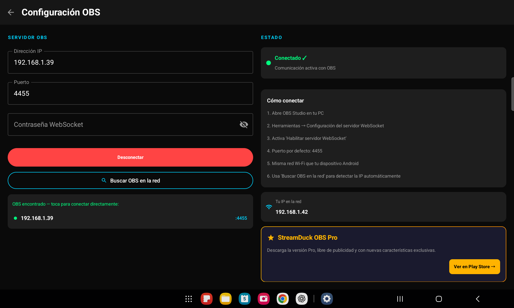 Controles de streaming y grabación